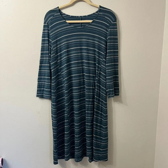 Garnet Hill Womens Shirt Dress Teal Blue Large Striped Stretch Long Sleeve - Picture 5 of 10